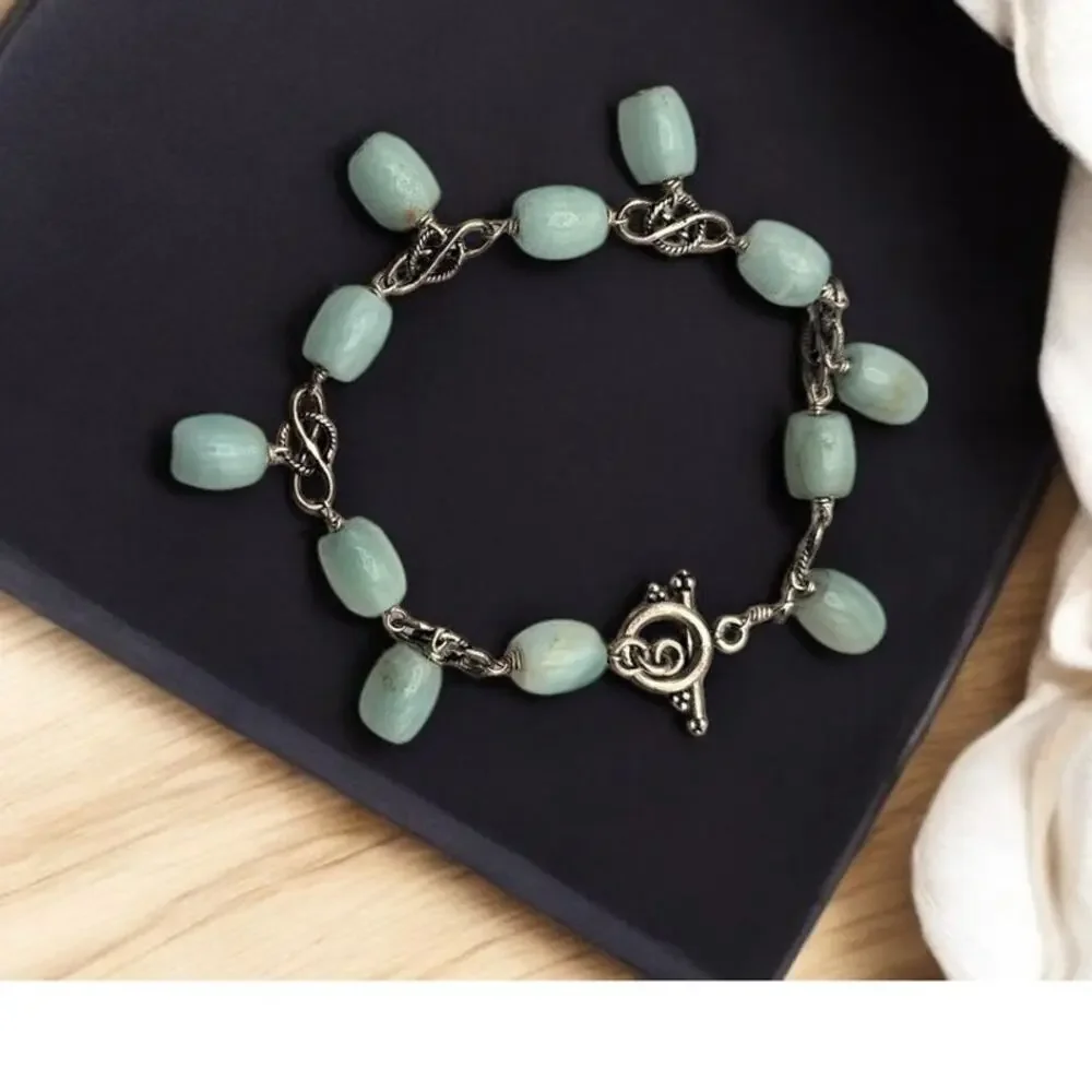 Soft Blue Tones & Silver Accent Vintage Beaded Stone Charm Bracelet – Boho Chic